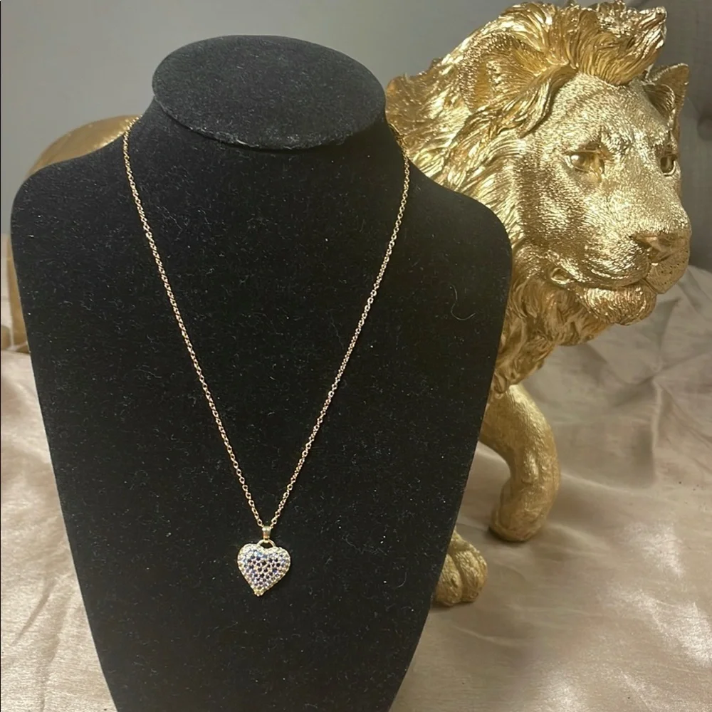 Goldtone Heart Pendant with blue rhinestones Necklace